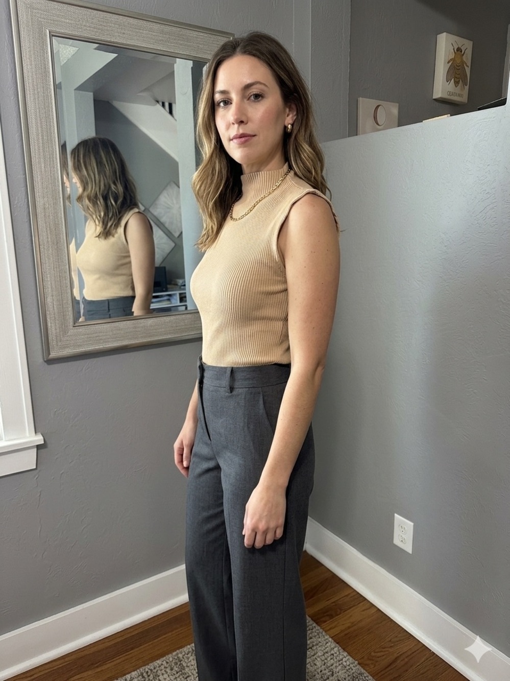 COS Ribbed Scalloped Hem Tank Beige Neutral Capsule Minimalist Size M/L.